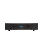 Front angle view of the black Furman Elite-16 PF E I Power Conditioner showing dual retractable rack lamps and front panel LED meters