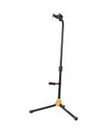 Hercules GS412B PLUS single guitar stand featuring an Auto Grip System (AGS) yoke, instant height adjustment clutch, and adjustable folding backrest.
