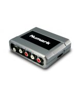 Numark Stereo|iO USB audio interface with RCA inputs and USB output for connecting DJ mixers and turntables to Mac or PC for recording and playback.