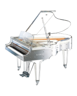 Full side profile of the Kawai CR-40A crystal transparent grand piano showing clear acrylic cabinet, inner plate, and raised lid