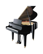 Kawai GM-10 compact baby grand piano in high-gloss ebony polish finish featuring open lid, single casters, and music desk