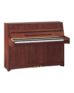 Kawai K-15 continental acoustic upright piano in polished mahogany finish featuring Ultra-Responsive action, solid spruce soundboard, and 3 pedals