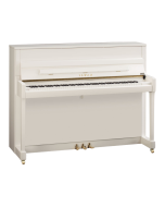 Kawai K-200 acoustic upright piano in white polish finish featuring Millennium III action, solid tapered spruce soundboard, and Soft Fall key lid