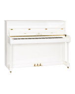 Kawai K-2 acoustic upright piano in snow white finish featuring Millennium III action, solid spruce soundboard, brass casters, and slow-fall key lid