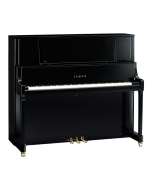 Kawai K-700 professional acoustic upright piano in ebony polish finish featuring Millennium III action, NEOTEX key surfaces, grand piano style music rack, and double brass casters