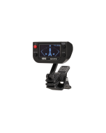 Korg AW-OTB clip-on bass tuner with OLED display attached to bass guitar headstock for precision tuning