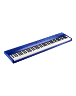 Korg Liano 88 key slim portable digital piano in vibrant metallic blue finish showing the front-facing speakers and control dial
