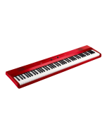 Korg Liano 88 key slim lightweight digital piano in vibrant metallic red finish displaying sleek control layout and front facing bass reflex ports