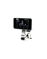KORG AW-3G PitchHawk clip-on guitar tuner attached to headstock with adjustable display and chromatic tuning for guitar and bass.