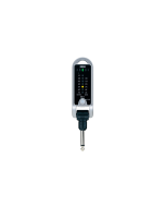 Korg Pitchjack Black plug-in guitar and bass tuner with foldable 1/4-inch jack, LED tuning display, and built-in flashlight for stage use.