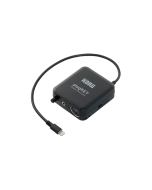 Korg plugKEY-BK mobile MIDI and audio interface in black with Lightning connector, MIDI DIN input, stereo audio outputs, headphone jack, volume control, and charging port.