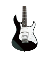 Yamaha PAC012 double cutaway electric guitar in black finish with HSS pickup configuration and vintage tremolo bridge for versatile performance