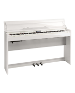 Roland DP603 digital piano in a premium elegant polished white finish, highlighting its minimalist, slimline cabinet design with an open soft-close keyboard lid and integrated 3-pedal system.