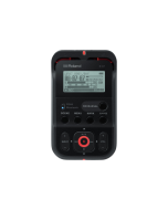 Roland R-07 handheld high-resolution audio recorder in a sleek black finish, showing its compact pocket-sized body, intuitive layout, clear screen, and integrated stereo microphones.