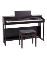 Roland RP701 digital piano in dark rosewood finish featuring an 88-key PHA-4 Standard keyboard, integrated pedals, and elegant cabinet design.