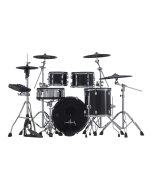 Roland VAD506 V-Drums Acoustic Design 5-piece electronic drum kit with full-depth wood shells in Midnight Sparkle finish, featuring a 14-inch digital snare, 18-inch digital ride, and a 20-inch kick drum on chrome stands.