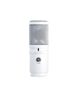 Superlux E205UMKII white USB studio condenser microphone with built-in gain control and headphone monitoring jack on desktop stand