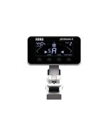 KORG AW-3G PitchHawk clip-on guitar tuner attached to headstock with adjustable display and chromatic tuning for guitar and bass.