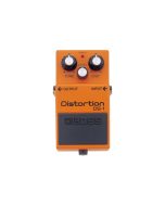 Boss DS-1 orange distortion pedal with three control knobs (Tone, Level, Distortion), metal housing, and footswitch for guitar effects and rock tone shaping.
