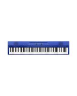 Korg Liano 88 key slim portable digital piano in vibrant metallic blue finish showing the front-facing speakers and control dial