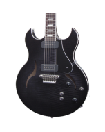 Front view of the VOX HDC-77 semi-hollow electric guitar in a striking blackburst finish, featuring dual cutaways, a flamed maple top, and custom hardware.