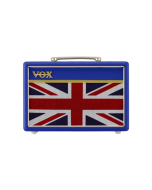 Front view of the Vox Pathfinder 10 limited edition combo amp in royal blue vinyl featuring iconic Union Jack grille cloth, chicken head knobs, and Vox logo.