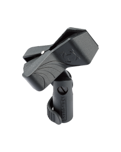 Hercules HCMH-100B EZ microphone clip holder with rubber-lined grip and quick flip-lock adaptor for standard microphone stands