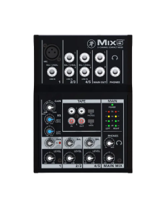 Mackie Mix5 5-channel compact analog audio mixer with mic input, stereo line inputs, EQ controls, and headphone output for studio and live use