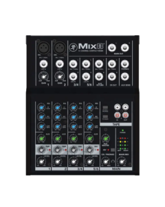 Mackie Mix8 8-channel compact analog audio mixer with mic inputs, EQ controls, aux send, and headphone output for studio and live use