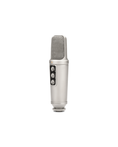 RØDE NT2000 studio microphone showing the three front-mounted dial knobs for pattern, filter, and pad adjustments.